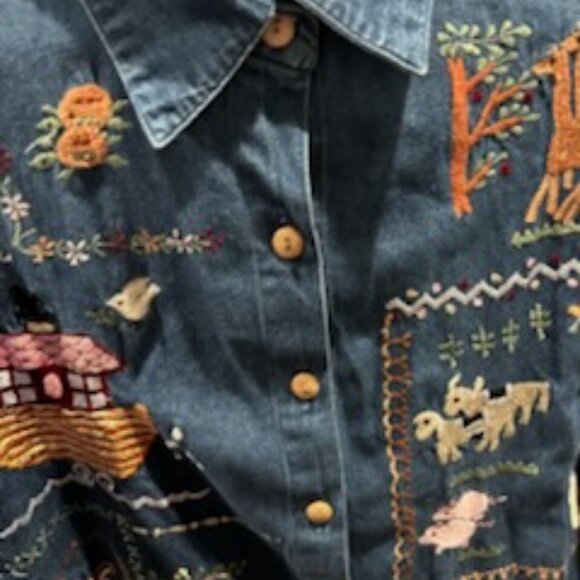 Casey Coleman Denim Shirt Embroidered Noahs Ark Women's M/L Cotton Cottagecore - Picture 7 of 10